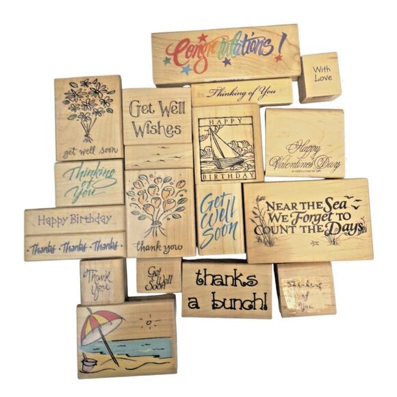 Lot of 19 Assorted Rubber Stamps Mixed Themes Wood Mounted Crafting Art Projects - Picture 3 of 8